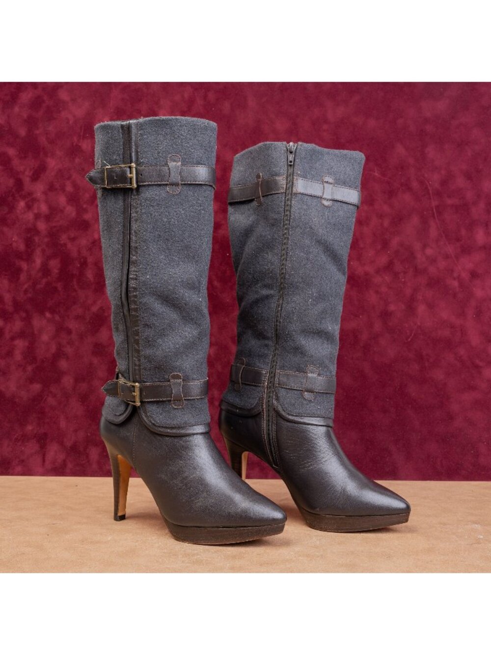 Ros Hommerson Vintage Y2K Brown Leather Grey Fabric Zip Wide Calf Boots sz 7.5